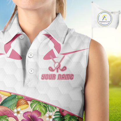 Funny Flamingo Womens Sleeveless Golf Polo Shirt Floral Tropical Custom Pink Golf Shirts Golfer Gift NHN0107