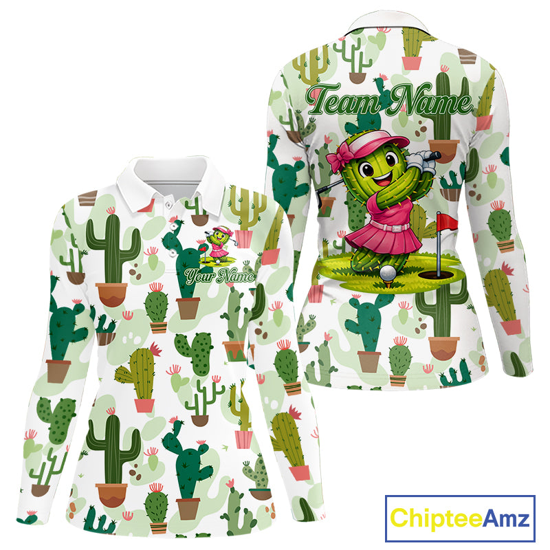 Funny Cactus Flower Womens Long Sleeve Golf Polo Shirt Custom Name Golf Tops, Cactus Golf Shirt NHN0237