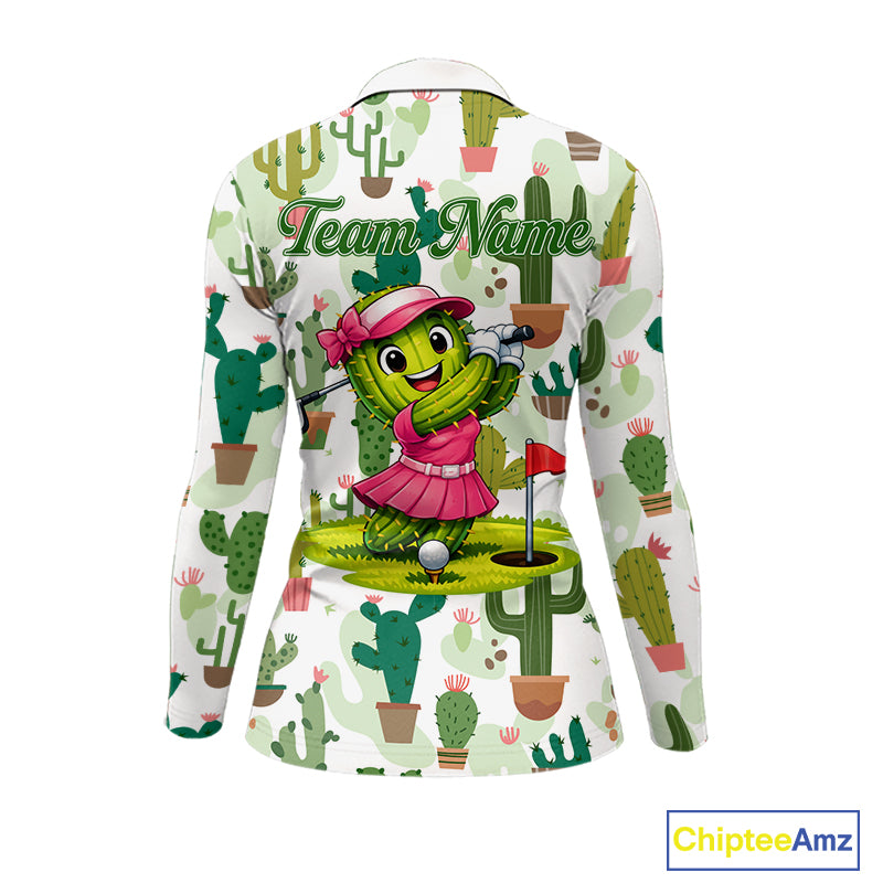 Funny Cactus Flower Womens Long Sleeve Golf Polo Shirt Custom Name Golf Tops, Cactus Golf Shirt NHN0237