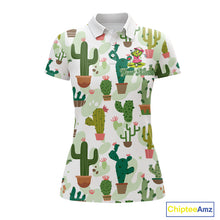Load image into Gallery viewer, Funny Cactus Flower Womens Golf Polo Shirt Custom Name Golf Tops, Cactus Golf Shirt Personalized NHN0237