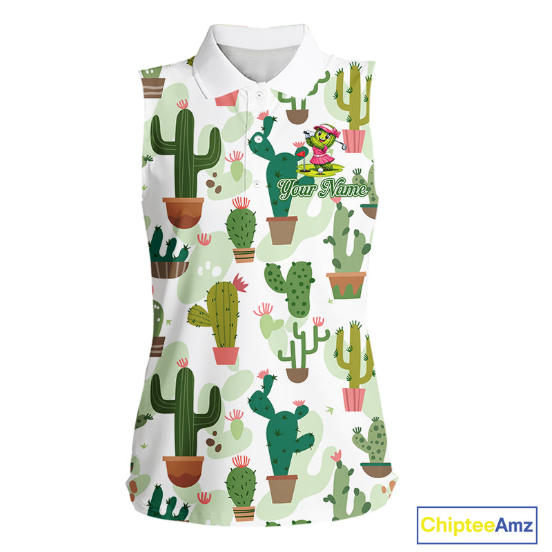 Funny Cactus Flower Womens Sleeveless Golf Polo Shirt Custom Name Golf Tops, Cactus Golf Shirt NHN0237