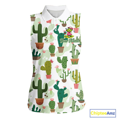 Funny Cactus Flower Womens Sleeveless Golf Polo Shirt Custom Name Golf Tops, Cactus Golf Shirt NHN0237