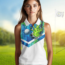 Load image into Gallery viewer, Watercolor Womens Sleeveless Golf Polo Shirt Custom Green Golf Ball Pattern Golf Tops For Ladies NHN0113
