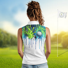 Load image into Gallery viewer, Watercolor Womens Sleeveless Golf Polo Shirt Custom Green Golf Ball Pattern Golf Tops For Ladies NHN0113