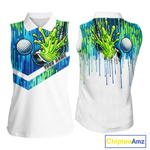 Load image into Gallery viewer, Watercolor Womens Sleeveless Golf Polo Shirt Custom Green Golf Ball Pattern Golf Tops For Ladies NHN0113