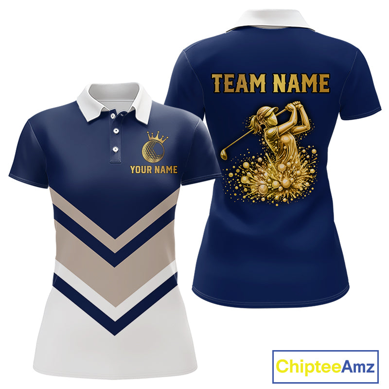 Blue And White Womens Golf Polo Shirt Custom Gold Golfer Swing & Golf Ball Team Polo, Golf Gifts NHN0115