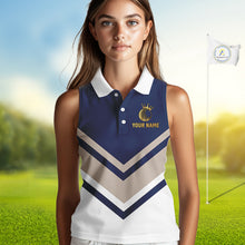 Load image into Gallery viewer, Blue And White Womens Sleeveless Golf Polo Shirt Custom Gold Golfer Swing &amp; Golf Ball Team Golf Polo NHN0115