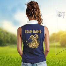 Load image into Gallery viewer, Blue And White Womens Sleeveless Golf Polo Shirt Custom Gold Golfer Swing &amp; Golf Ball Team Golf Polo NHN0115
