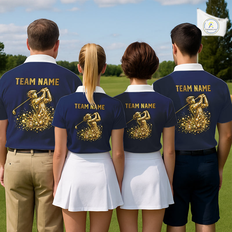 Blue And White Mens Golf Polo Shirt Custom Gold Golfer Swing & Golf Ball Graphic Team Polo, Golf Gifts NHN0115