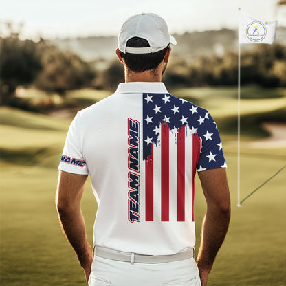 American Flag Mens Golf Polo Shirt Custom Red, White And Blue Team Golf Jersey, Patriotic Golf Shirts NHN0118