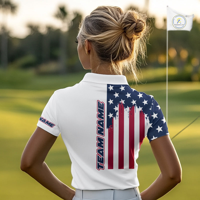 American Flag Womens Golf Polo Shirt Custom Red, White And Blue Team Golf Jersey, Patriotic Golf Shirts NHN0118