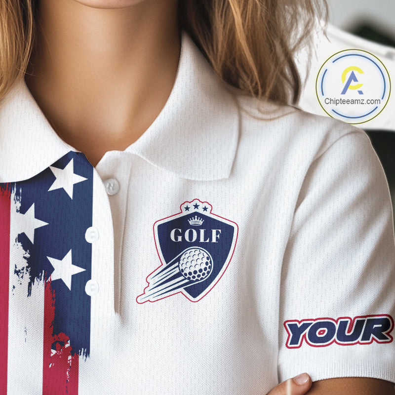 American Flag Womens Golf Polo Shirt Custom Red, White And Blue Team Golf Jersey, Patriotic Golf Shirts NHN0118