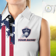 Load image into Gallery viewer, American Flag Womens Sleeveless Golf Polo Shirt Custom Red, White And Blue Patriotic Team Golf Jersey NHN0118