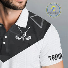 Load image into Gallery viewer, Mens Golf Polo Shirt Black Geometric Triangle Pattern Custom Name White Golf Tops For Men NHN0122