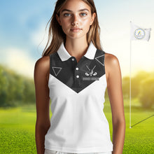Load image into Gallery viewer, Womens Sleeveless Golf Polo Shirt Black Geometric Triangle Pattern Custom Name White Golf Tops For Ladies NHN0122