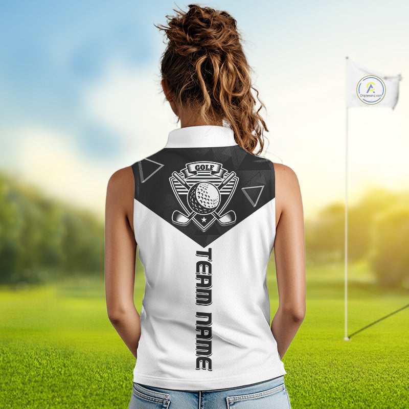 Womens Sleeveless Golf Polo Shirt Black Geometric Triangle Pattern Custom Name White Golf Tops For Ladies NHN0122
