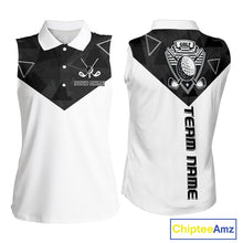 Load image into Gallery viewer, Womens Sleeveless Golf Polo Shirt Black Geometric Triangle Pattern Custom Name White Golf Tops For Ladies NHN0122
