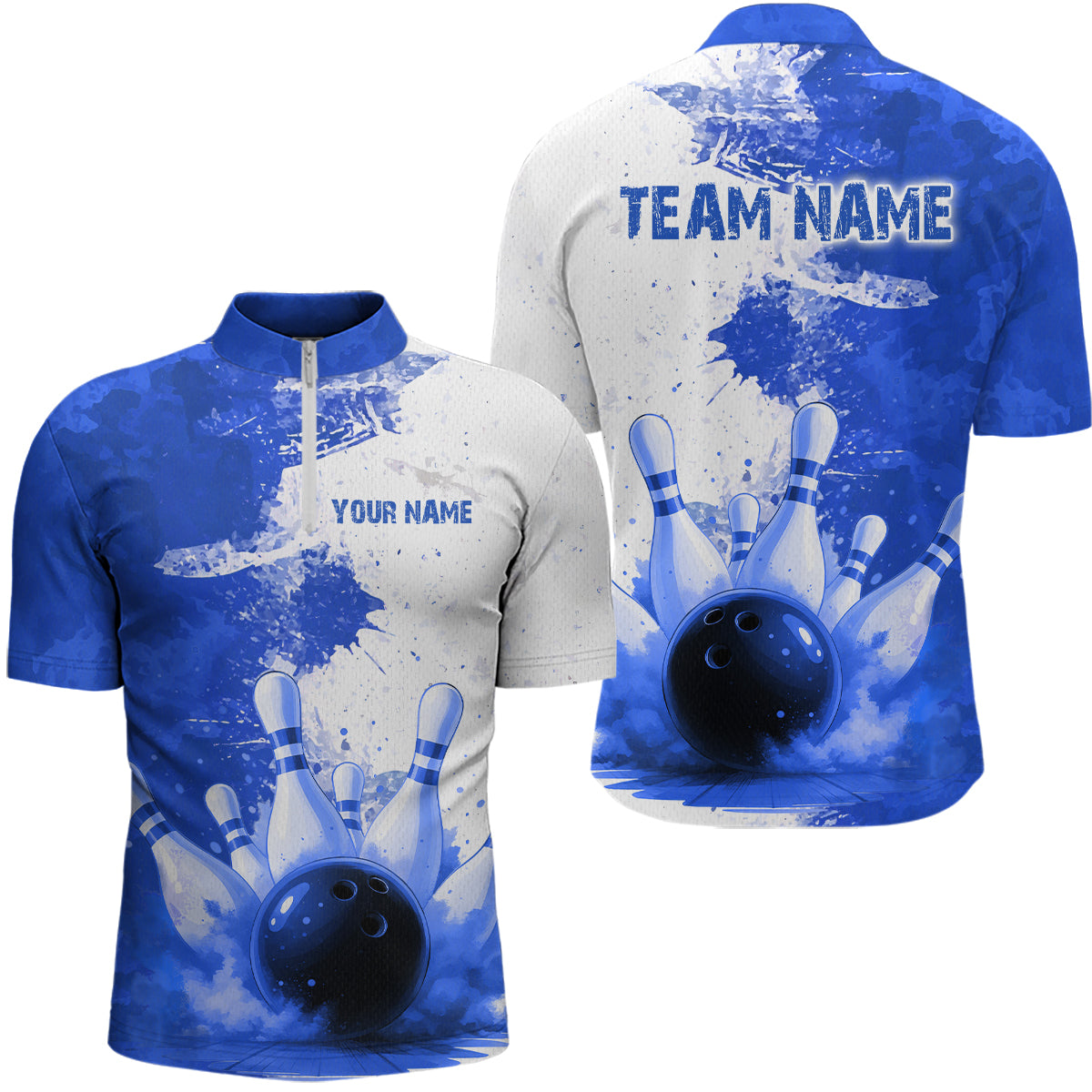Blue Bowling Shirts for Women Men Custom Bowling Polo & 1/4 Zip Shirt for Team MBL220