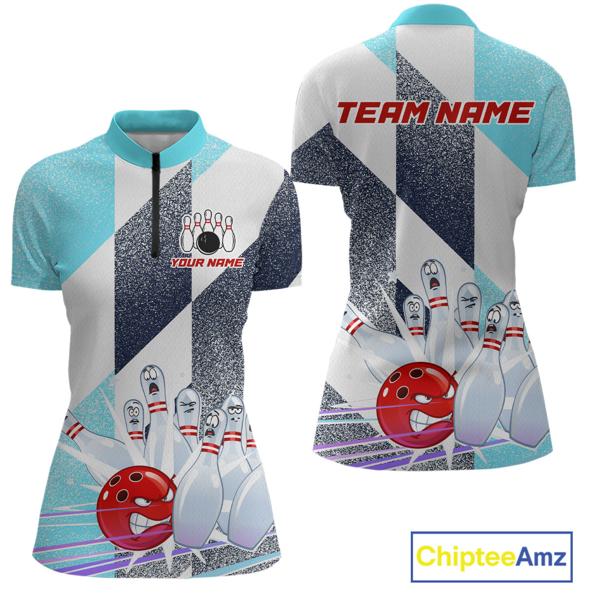 Blue Bowling Shirts for Team Women Men Custom Bowling Polo and 1/4 Zip Shirt MBL226