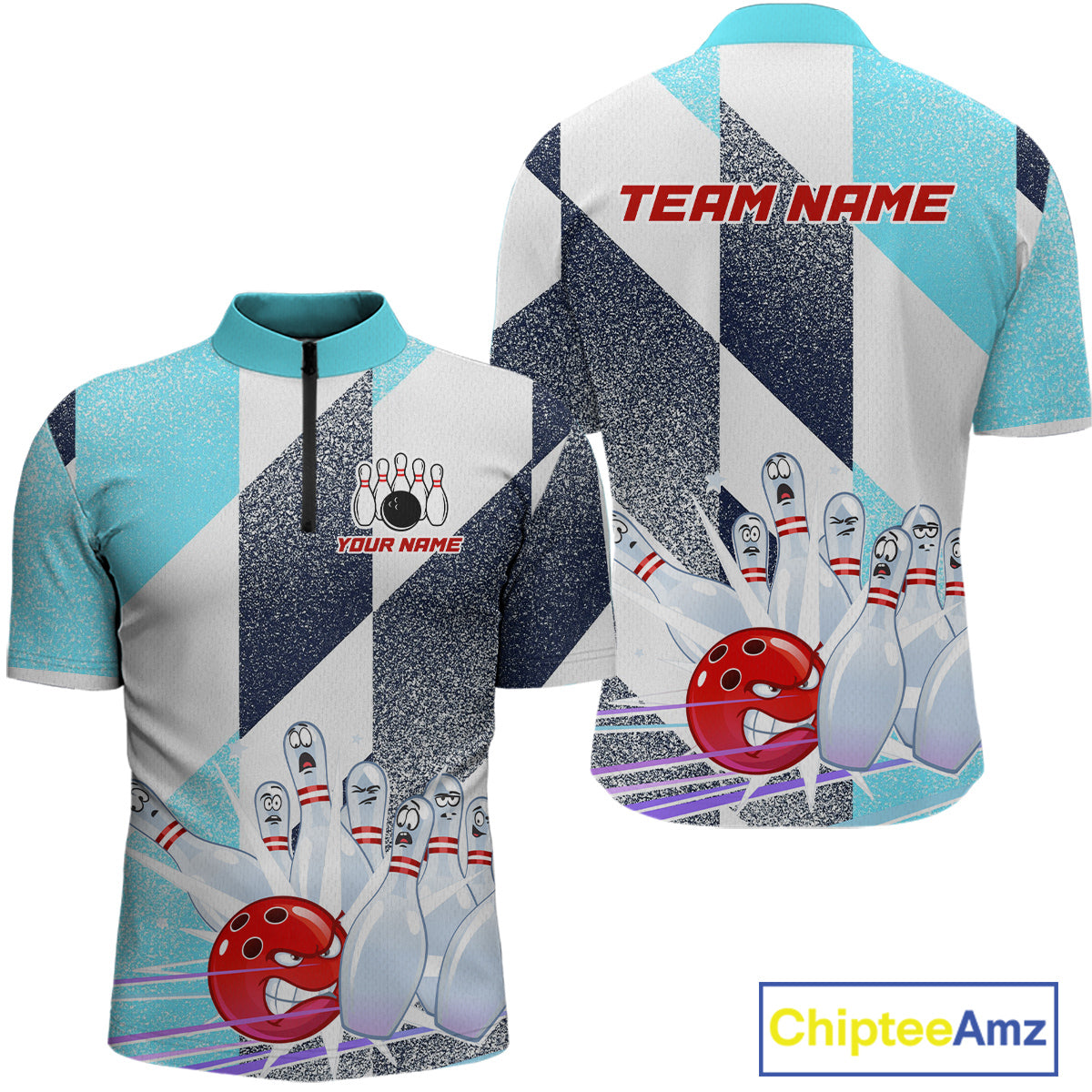 Blue Bowling Shirts for Team Women Men Custom Bowling Polo and 1/4 Zip Shirt MBL226