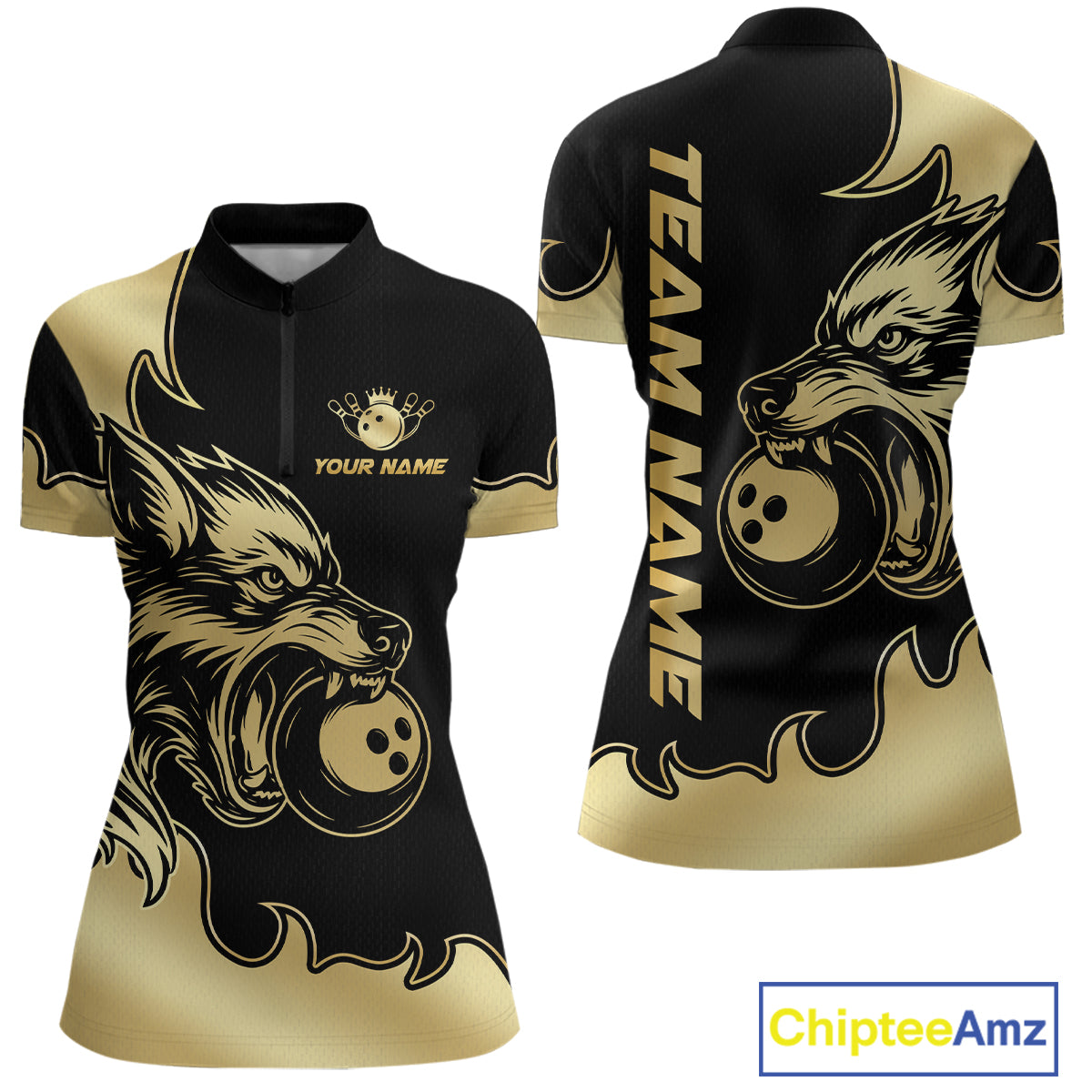 Gold Wolf Bowling Shirts for Team Women Men Custom Wolf Bowling Polo & Quarter Zip MBL194