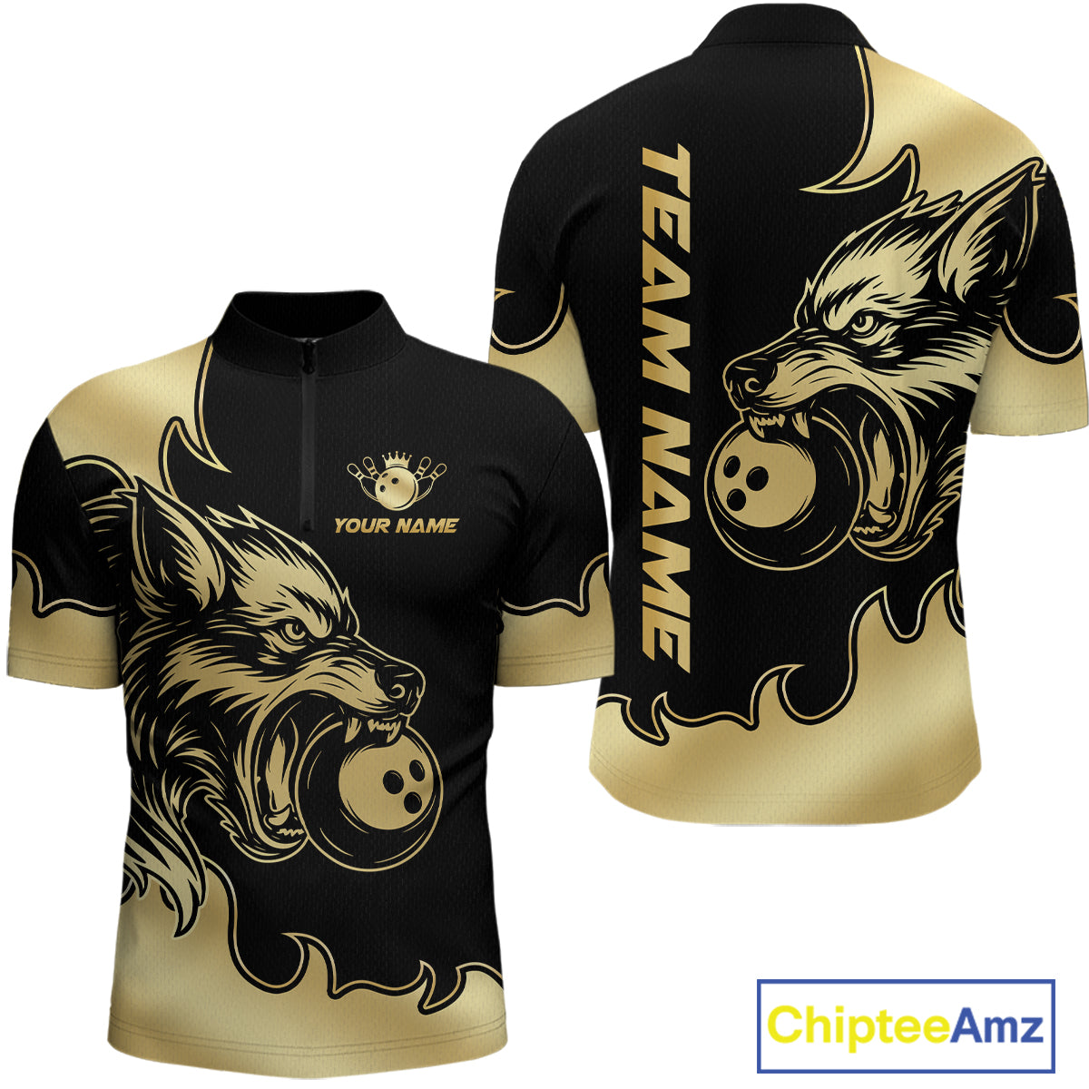 Gold Wolf Bowling Shirts for Team Women Men Custom Wolf Bowling Polo & Quarter Zip MBL194