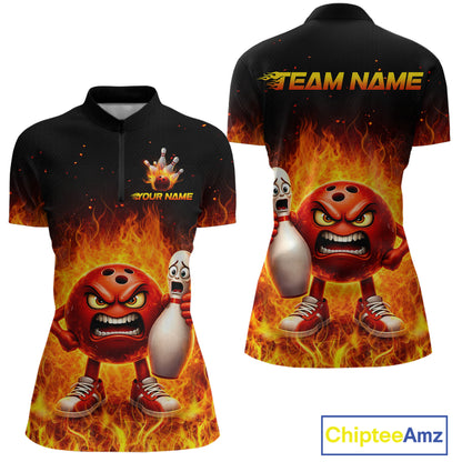 Flaming Bowling Shirts for Team Women Men Bowling Polo & 1/4 Zip Shirt Custom MBL244