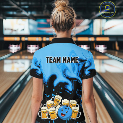 Funny Beer Bowling Shirts Blue for Women Men Bowling Polo&1/4 Zip Bowling League MBL252