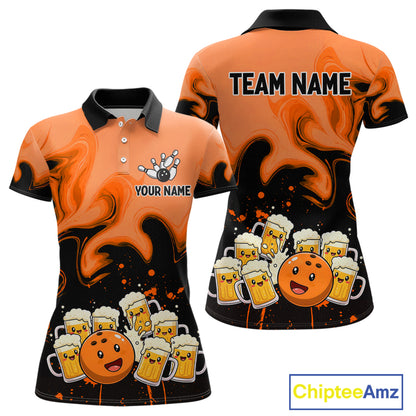 Funny Beer Bowling Shirts Orange for Women Men Bowling Polo&1/4 Zip Bowling League MBL252