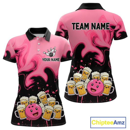 Funny Beer Bowling Shirts Pink for Women Men Bowling Polo&1/4 Zip Bowling League MBL252