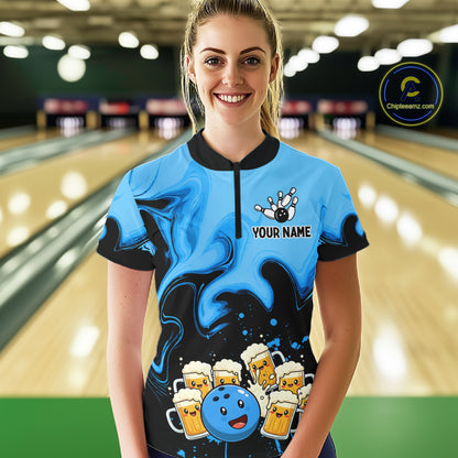 Funny Beer Bowling Shirts Blue for Women Men Bowling Polo&1/4 Zip Bowling League MBL252