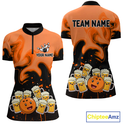 Funny Beer Bowling Shirts Orange for Women Men Bowling Polo&1/4 Zip Bowling League MBL252