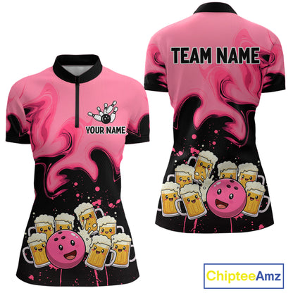 Funny Beer Bowling Shirts Pink for Women Men Bowling Polo&1/4 Zip Bowling League MBL252