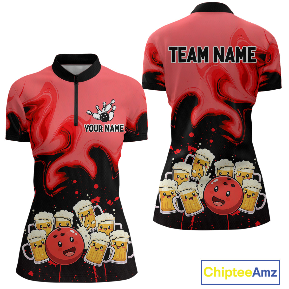 Funny Beer Bowling Shirts Red for Women Men Bowling Polo&1/4 Zip Bowling League MBL252