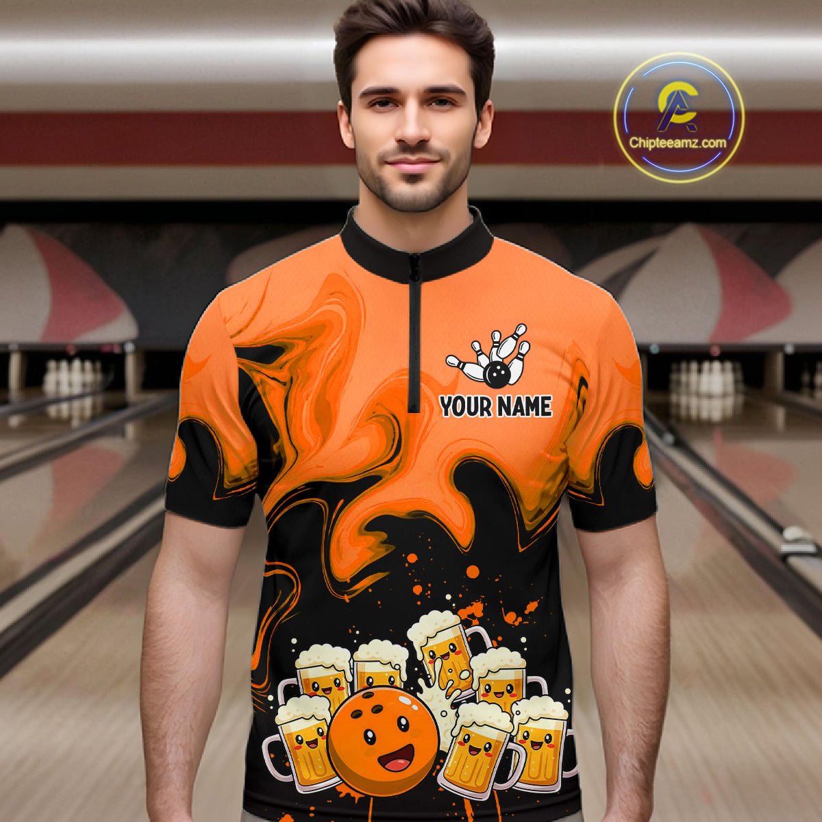 Funny Beer Bowling Shirts Orange for Women Men Bowling Polo&1/4 Zip Bowling League MBL252