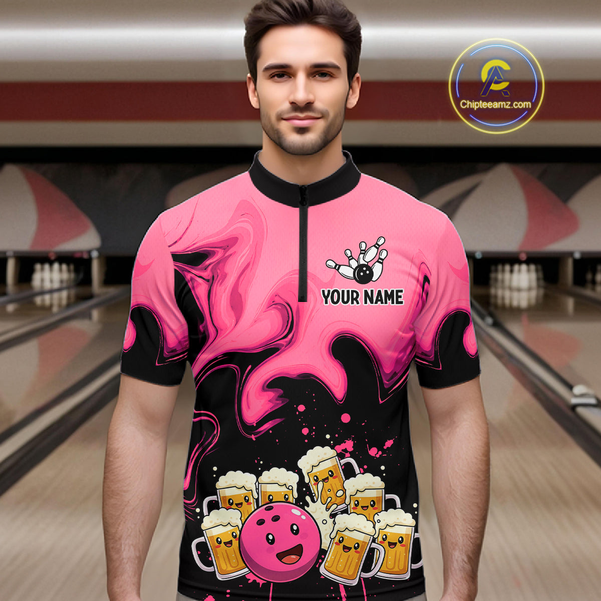 Funny Beer Bowling Shirts Pink for Women Men Bowling Polo&1/4 Zip Bowling League MBL252