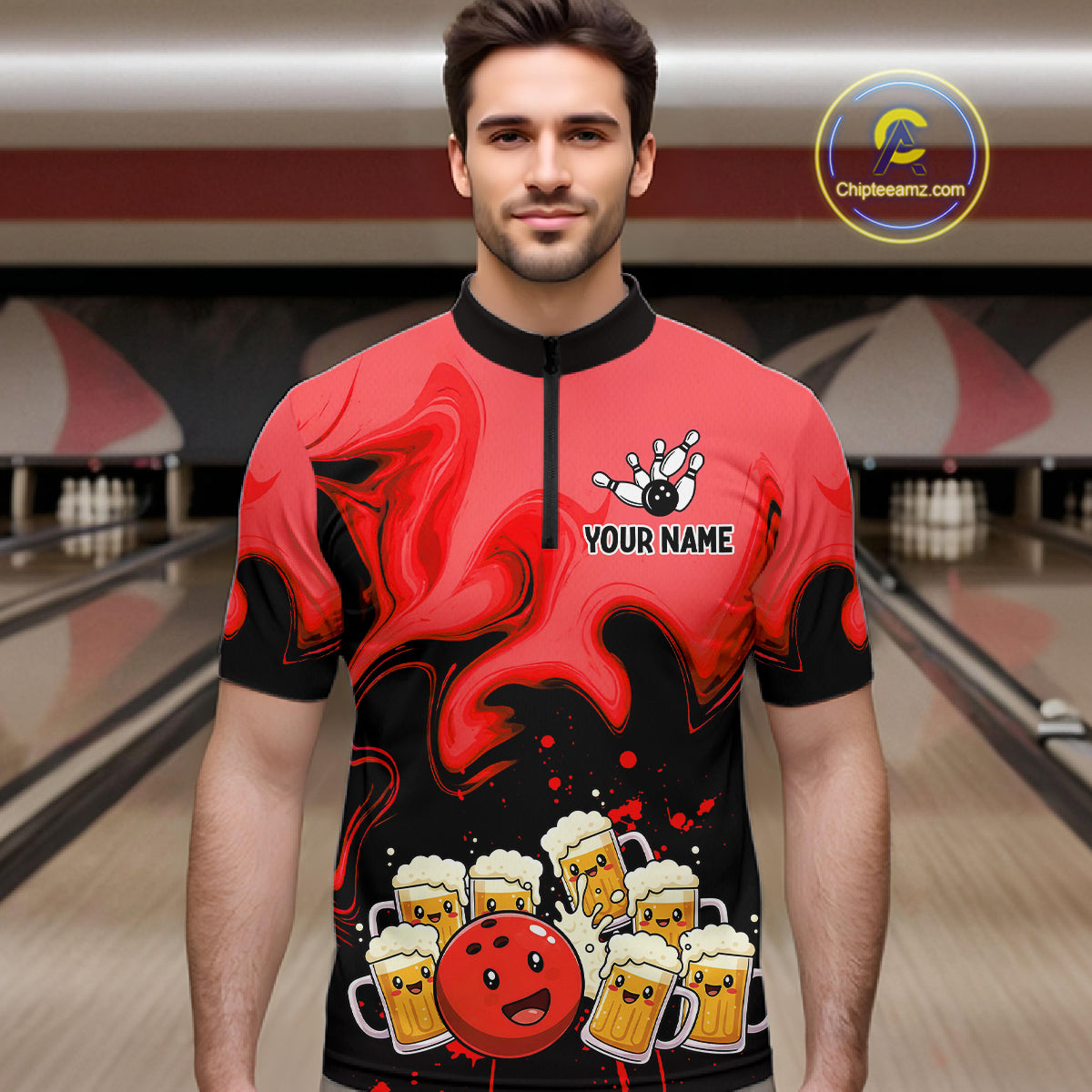 Funny Beer Bowling Shirts Red for Women Men Bowling Polo&1/4 Zip Bowling League MBL252