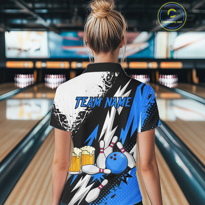 Custom Blue Beer Bowling Jersey for Women Bowling Team Shirts Bowling League Polo & 1/4 Zip HNT505