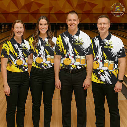 Custom Yellow Beer Bowling Jersey for Men Bowling Team Shirts Bowling League Polo & 1/4 Zip HNT505