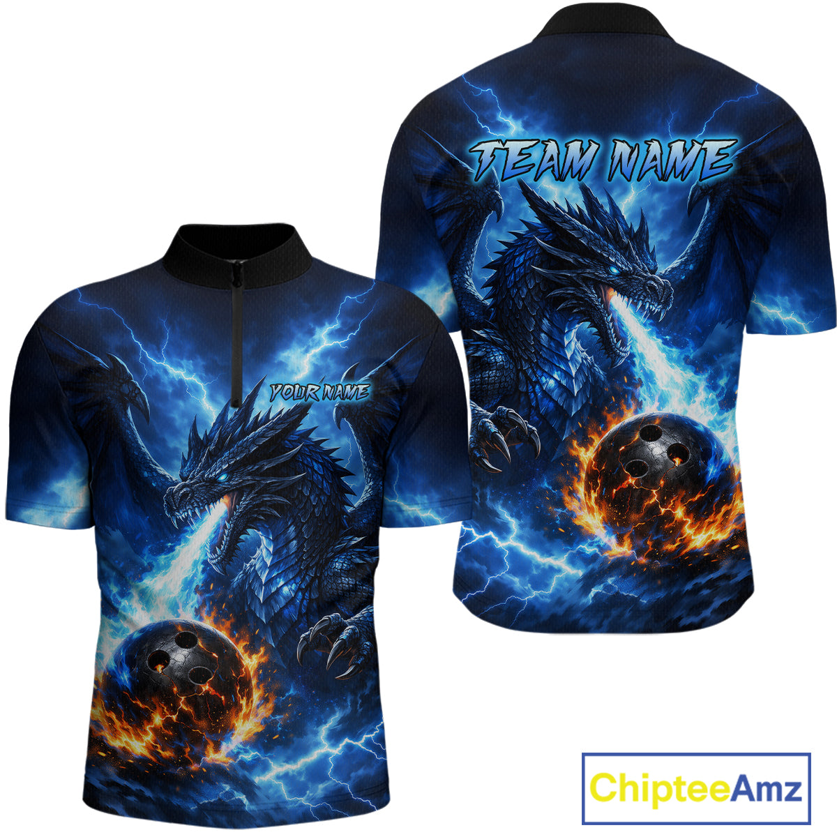 Custom Blue Thunder Dragon Bowling Jersey for Men Bowling Team Shirts Polo & 1/4 Zip HNT481