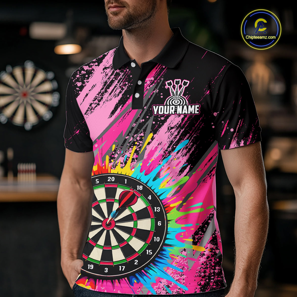 Custom Pink Colorful Paint Darts Shirt for Men Darts Team Jerseys Dartboard Shirt NNT269