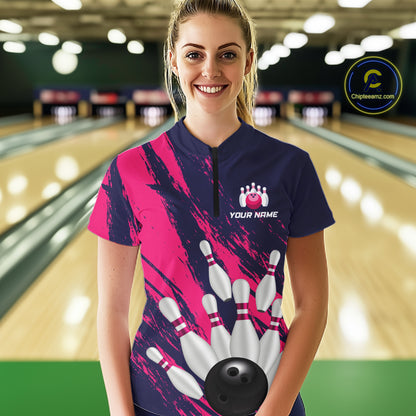 Custom Pink and Blue Bowling Shirts for Team Women Men Bowling Polo & 1/4 Zip MBL232