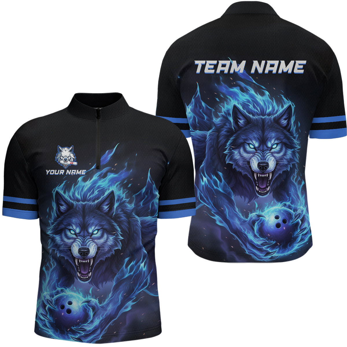 Custom Wolf Flaming Bowling Shirts for Team Women Men Bowling Polo&1/4 Zip Shirt MBL234