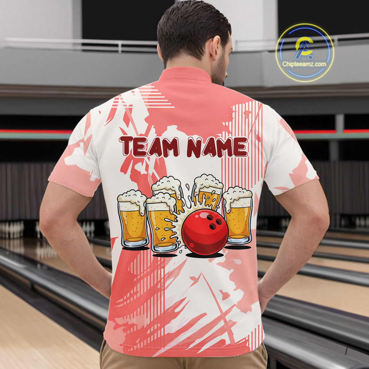 Beer Bowling Shirts Coral Pink for Team Women Men Custom Bowling Polo & 1/4 Zip Shirt MBL245
