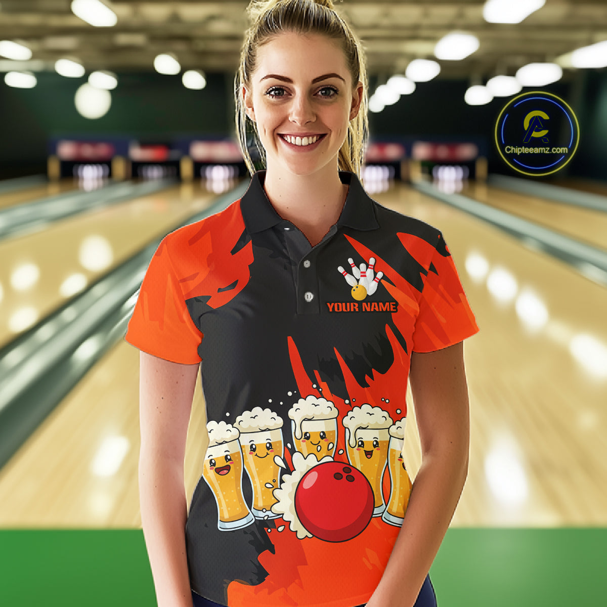 Funny Beer Bowling Shirts Orange for Women Men Team Bowling Polo & 1/4 Zip Shirts MBL251