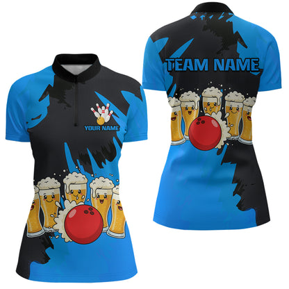 Funny Beer Bowling Shirts Blue for Women Men Team Bowling Polo & 1/4 Zip Shirts MBL251