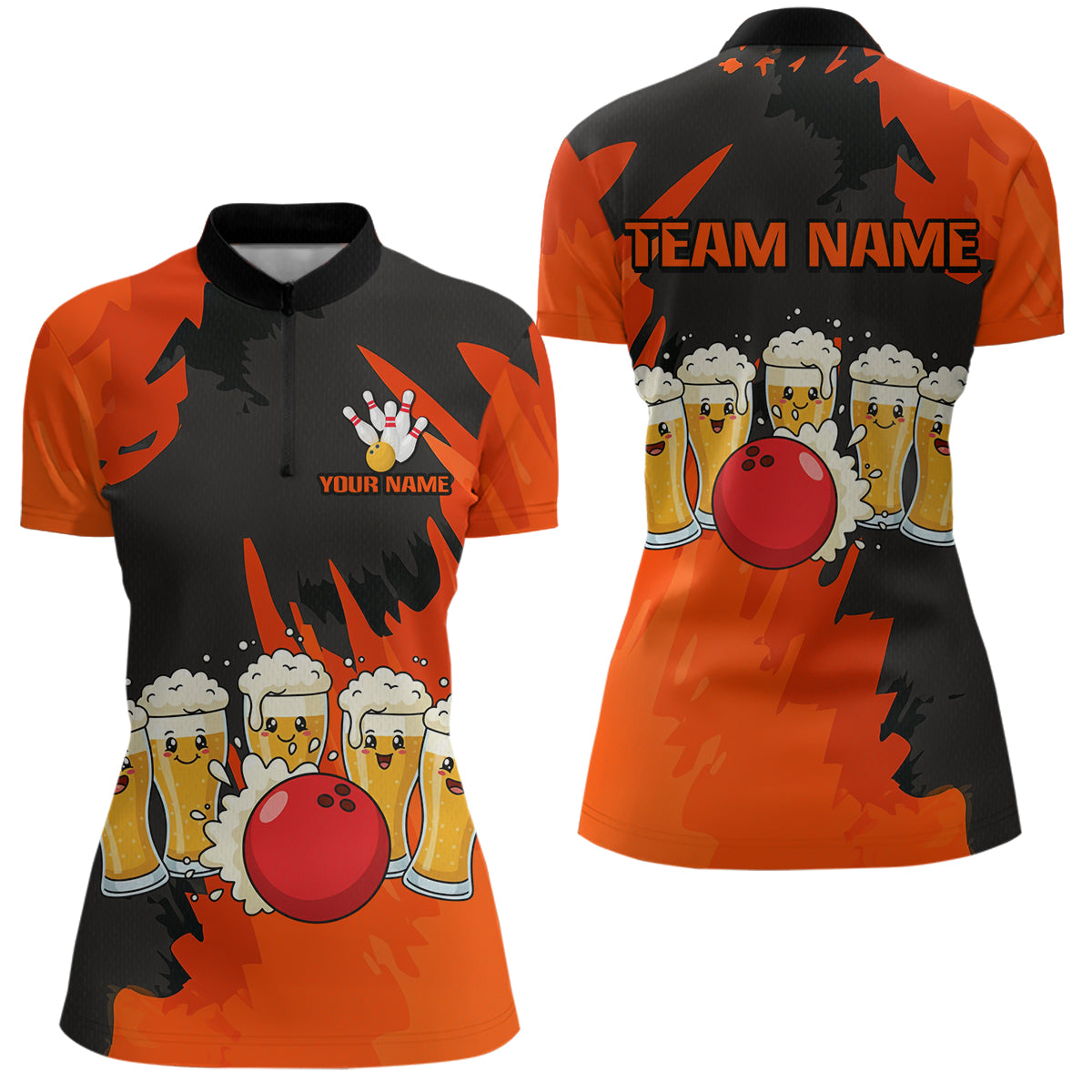Funny Beer Bowling Shirts Orange for Women Men Team Bowling Polo & 1/4 Zip Shirts MBL251