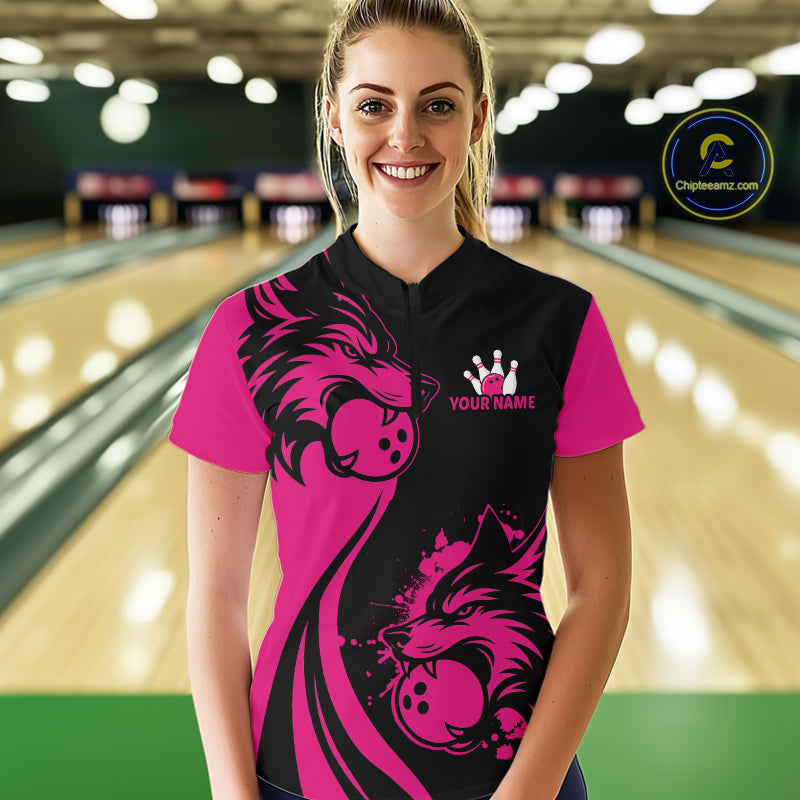 Pink Wolf Bowling Shirts for Team Men Women Custom Wolf Bowling Jerseys for Couples MBL197