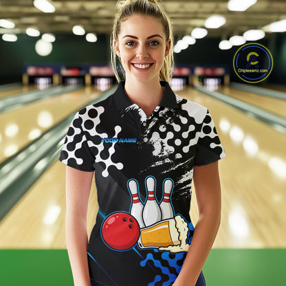 Blue Beer Bowling Shirts for Team Women Men Beer Bowling Polo&1/4 Zip Bowl League MBL255