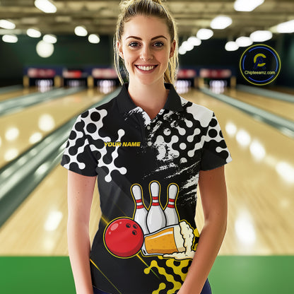 Yellow Beer Bowling Shirts for Team Women Men Beer Bowling Polo&1/4 Zip Bowl League MBL255